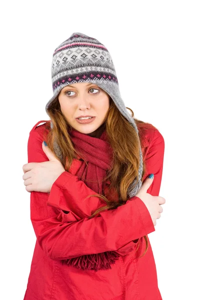 Cold redhead wearing coat and hat — Stock Photo, Image