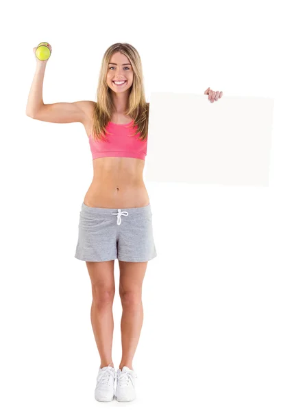 Festive fit blonde showing poster — Stock Photo, Image