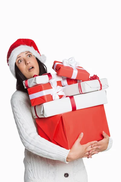 Mulher chocada com presentes de Natal — Fotografia de Stock