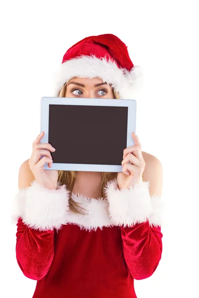 Pretty santa girl holding tablet — Stock Photo, Image