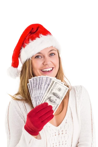 Festive blonde showing fan of dollars — Stock Photo, Image