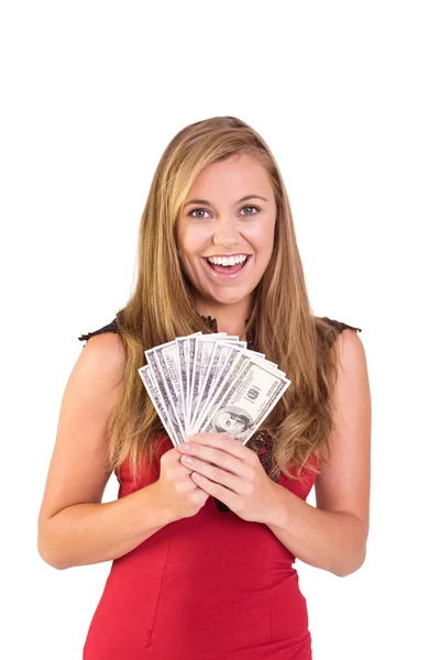 Pretty blonde showing wad of cash — Stock Photo, Image