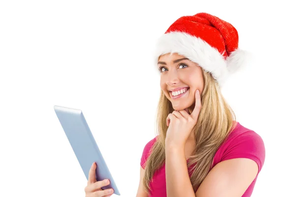 Feestelijke blonde gebruiken, tablet pc — Stockfoto