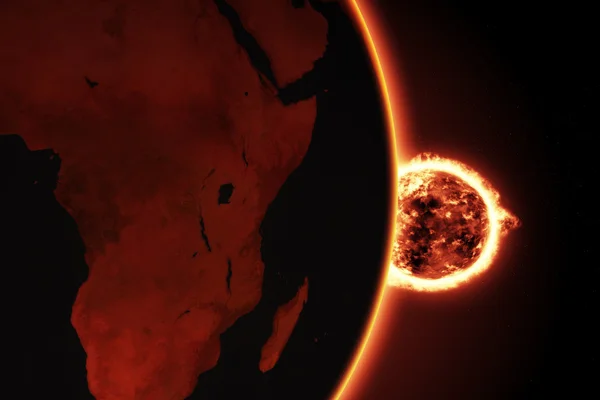 Gran bola de fuego del sol con la tierra — Foto de Stock