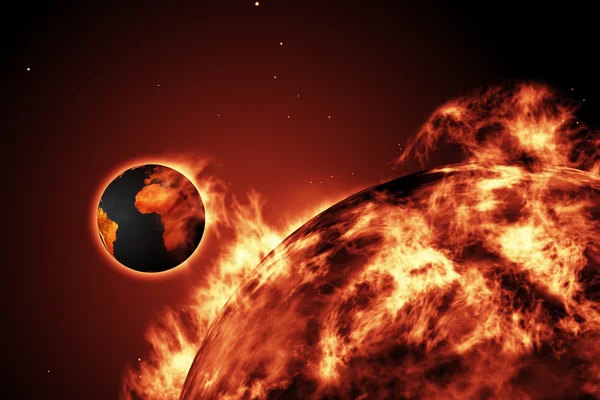 Large fire ball of the sun with earth — Stock Photo, Image