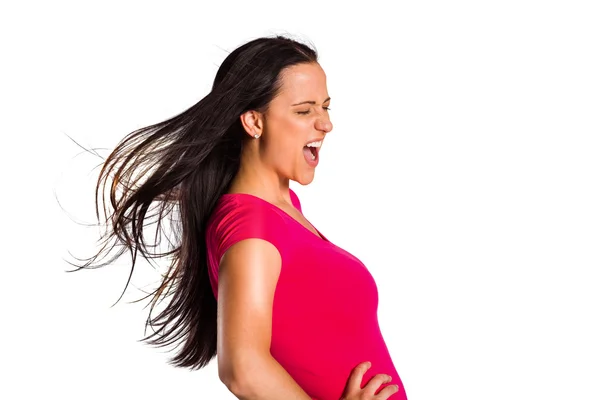 Young brunette singing in tshirt — Stock Photo, Image