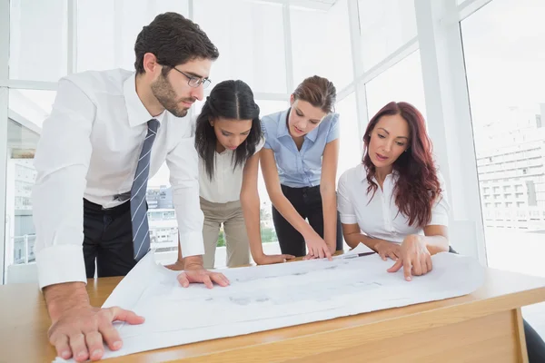 Geschäftsteam liest Arbeitspläne — Stockfoto