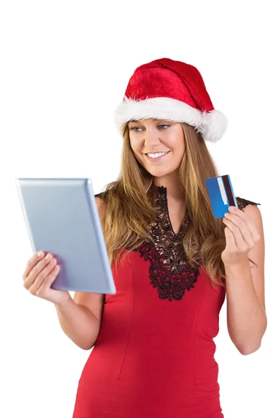 Feestelijke blonde online winkelen met Tablet PC — Stockfoto