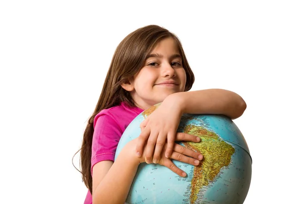 Aluno bonito sorrindo segurando globo — Fotografia de Stock