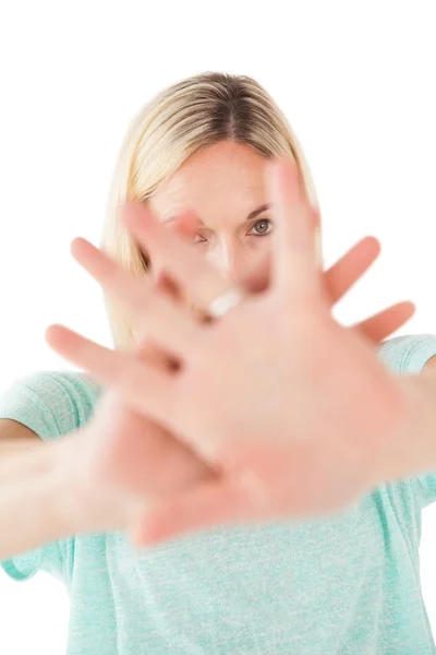 Portrait of mature woman signals stop — Stock Photo, Image