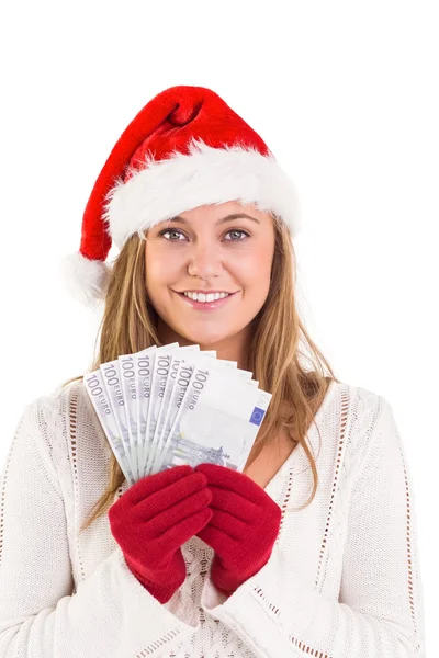 Festive blonde showing fan of euros — Stock Photo, Image