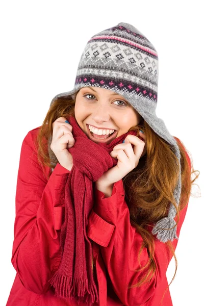 Cold redhead wearing coat and hat — Stock Photo, Image