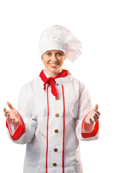 Pretty chef standing with hands out — Stock Photo, Image