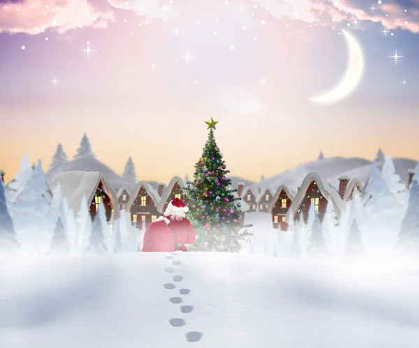 Samengestelde afbeelding van santa wandelen in de sneeuw — Stockfoto