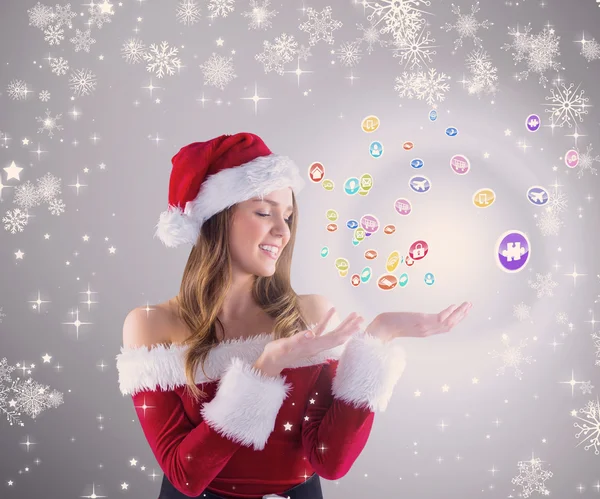 Sexy Weihnachtsmann Mädchen präsentiert mit Hand — Stockfoto