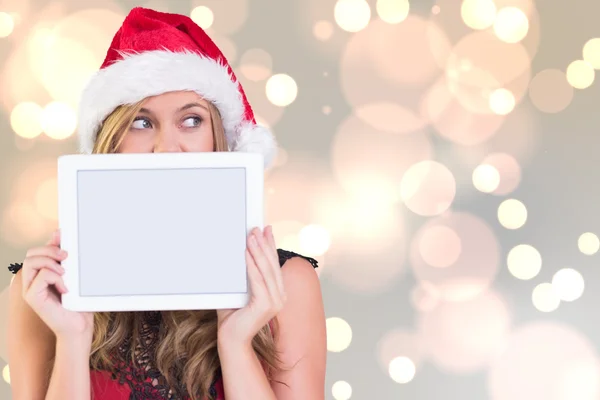 Feestelijke blonde met een Tablet PC — Stockfoto