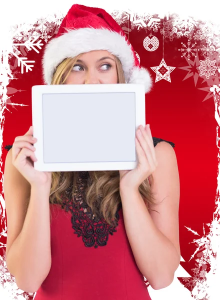 Feestelijke blonde met een Tablet PC — Stockfoto