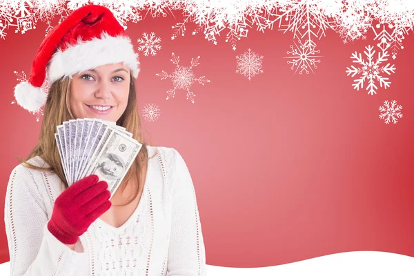 Blonde festive montrant fan de dollars — Photo