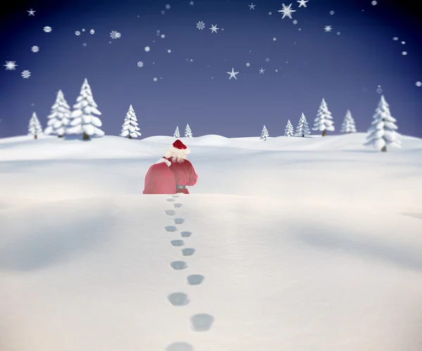 Zusammengesetztes Bild vom Weihnachtsmann, der im Schnee wandelt — Stockfoto