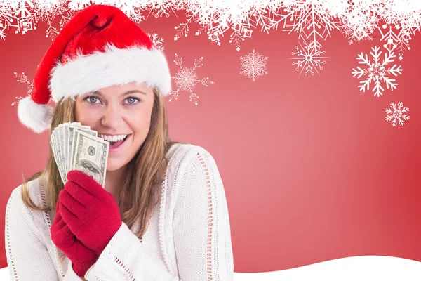 Blonde festive montrant fan de dollars — Photo