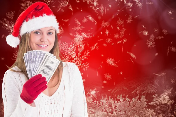 Feestelijke weergegeven blonde: fan van dollar — Stockfoto