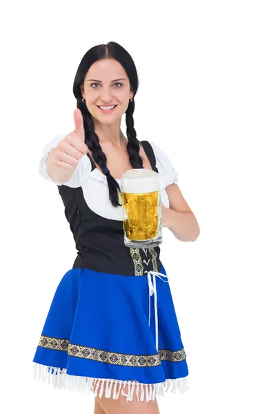 Pretty oktoberfest girl holding beer tankard — Stock Photo, Image