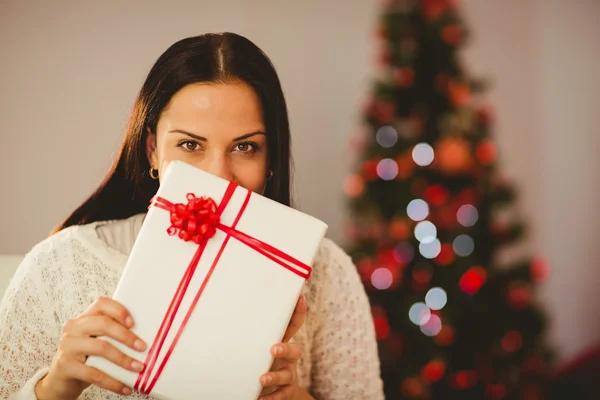 Pretty brunette holding christmas present — Stock Photo, Image