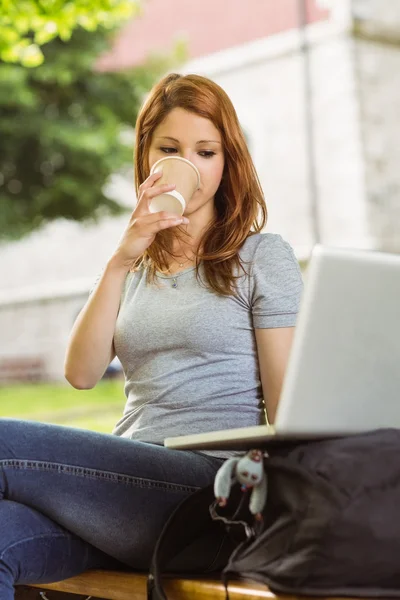 Žena s jednorázovým pohárem a notebookem sedí na lavičce — Stock fotografie