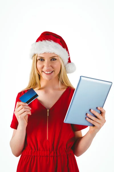 Compras de loira festiva online com tablet — Fotografia de Stock