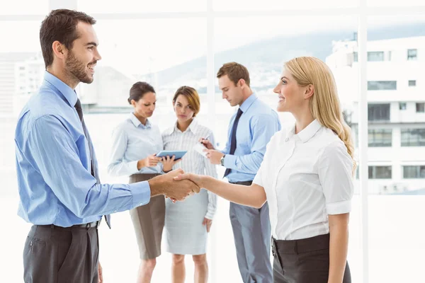 Executives shaking hands with colleagues behind — Stock Photo, Image