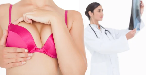 Closeup of woman performing self breast examination — Stock Photo, Image