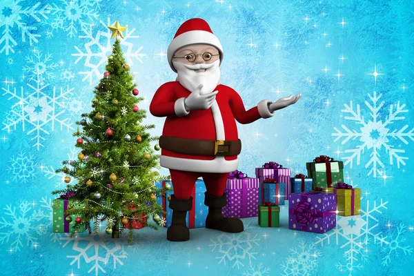 Dibujos animados Santa Claus contra árbol de Navidad —  Fotos de Stock