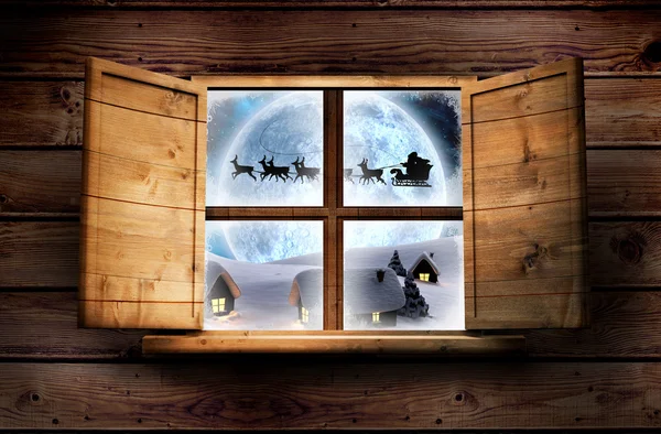 Fenster Holzzimmer Gegen Weihnachtsgeschenke Dorf — Stockfoto