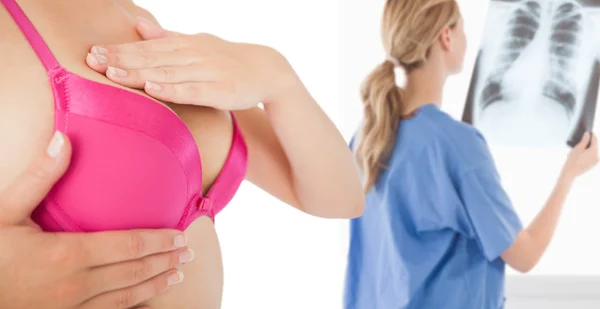 Closeup of woman performing self breast examination — Stock Photo, Image
