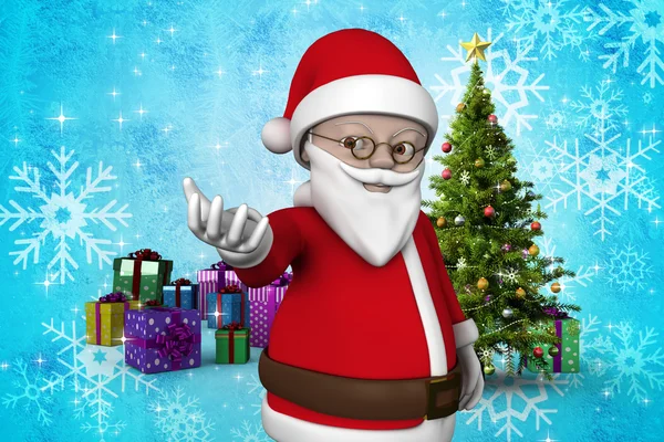 Cartoon jultomten mot julgran — Stockfoto