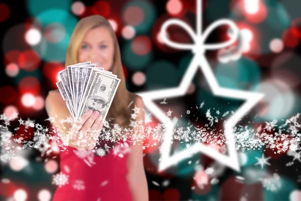 Pretty blonde showing wad of cash — Stock Photo, Image