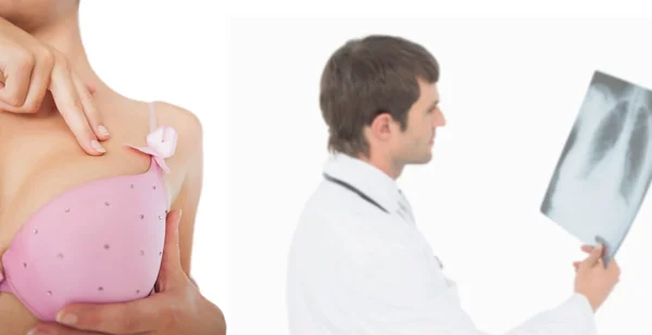 Extreme closeup of woman performing self breast examination — Stock Photo, Image