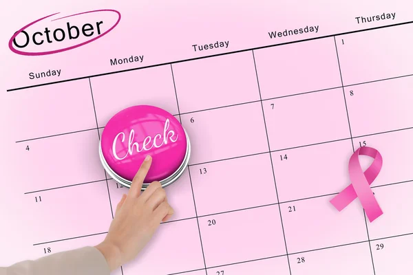 Hand pushing pink button for breast cancer awareness — Stock Photo, Image