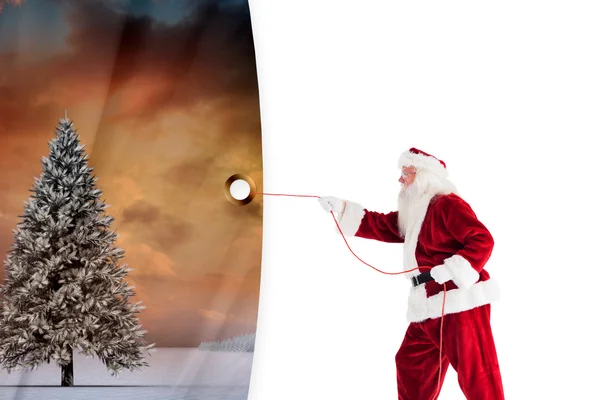 Zusammengesetztes Bild des Weihnachtsmannes, der etwas mit einem Seil zieht — Stockfoto