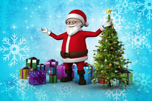 Caricature Père Noël claus contre arbre de Noël — Photo
