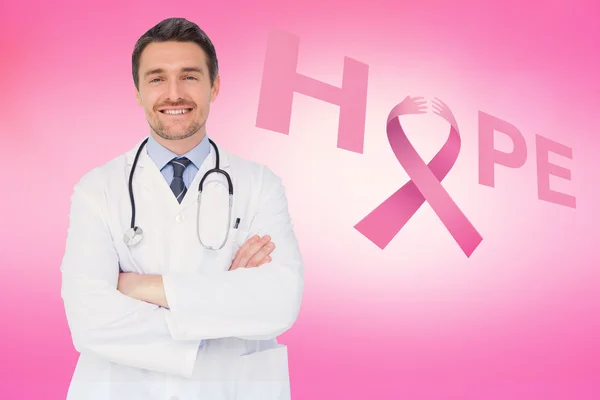 Médico con mensaje de conciencia sobre el cáncer de mama — Foto de Stock