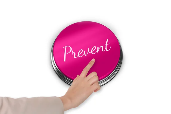 Mão pressionando botão rosa para a consciência do câncer de mama — Fotografia de Stock