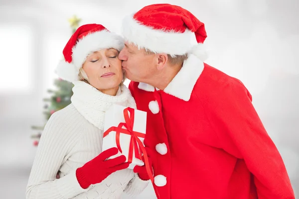 Pareja madura festiva sosteniendo regalo — Foto de Stock