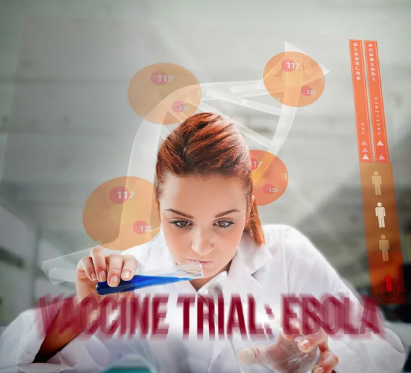 Scientist pouring liquid into erlenmeyer with futuristic screen — Stock Photo, Image