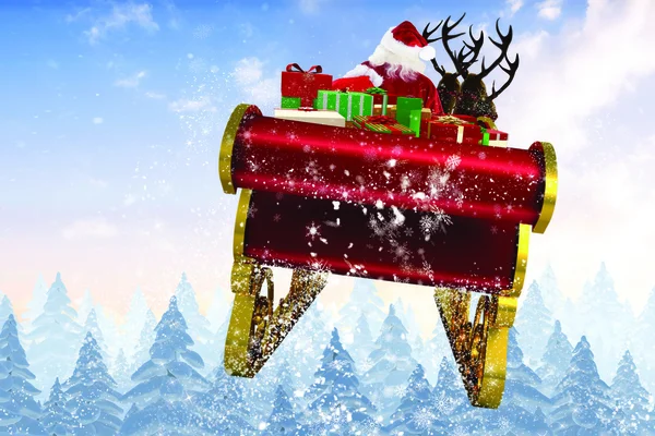 Zusammengesetztes Bild des Weihnachtsmannes, der seinen Schlitten fliegt — Stockfoto
