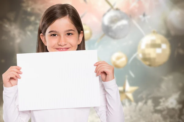 Imagem composta de menina bonito mostrando cartão — Fotografia de Stock