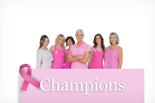 Composite image of enthusiastic pretty women posing for breast c — Stock Photo, Image
