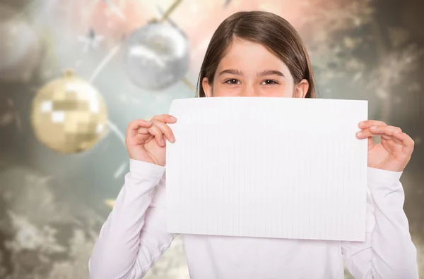 Imagem composta de menina bonito mostrando cartão — Fotografia de Stock