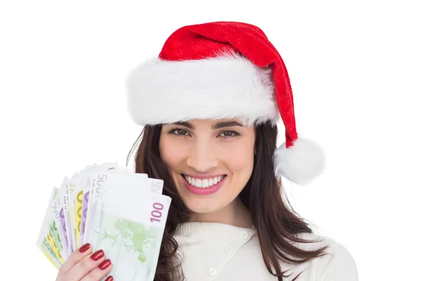 Szczęśliwy brunetka trzymając jej gotówki — Zdjęcie stockowe