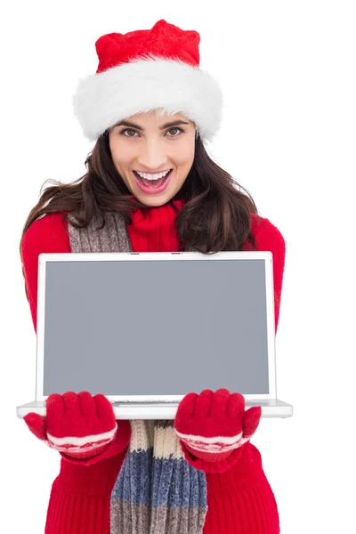Świąteczny brunetka Wyświetlono laptopa — Zdjęcie stockowe